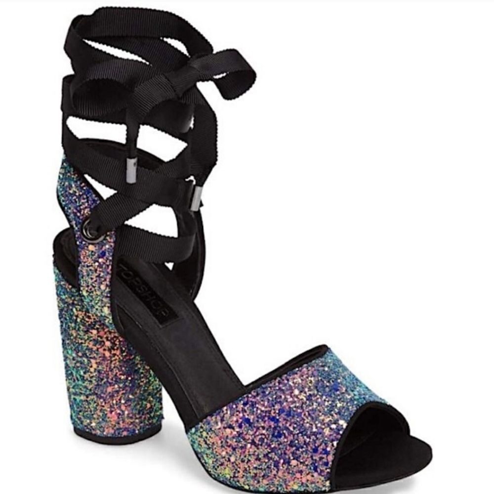 Topshop Royal Iridescent Glitter Lace up Shoes with Round Heels Size 6.5 US